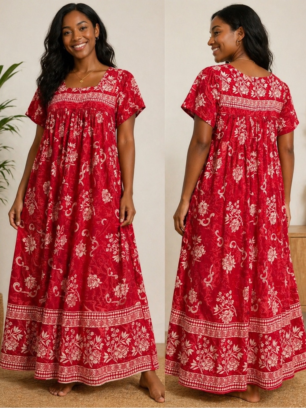 Loungees Red Floral Cotton Boho House Dress Size Large